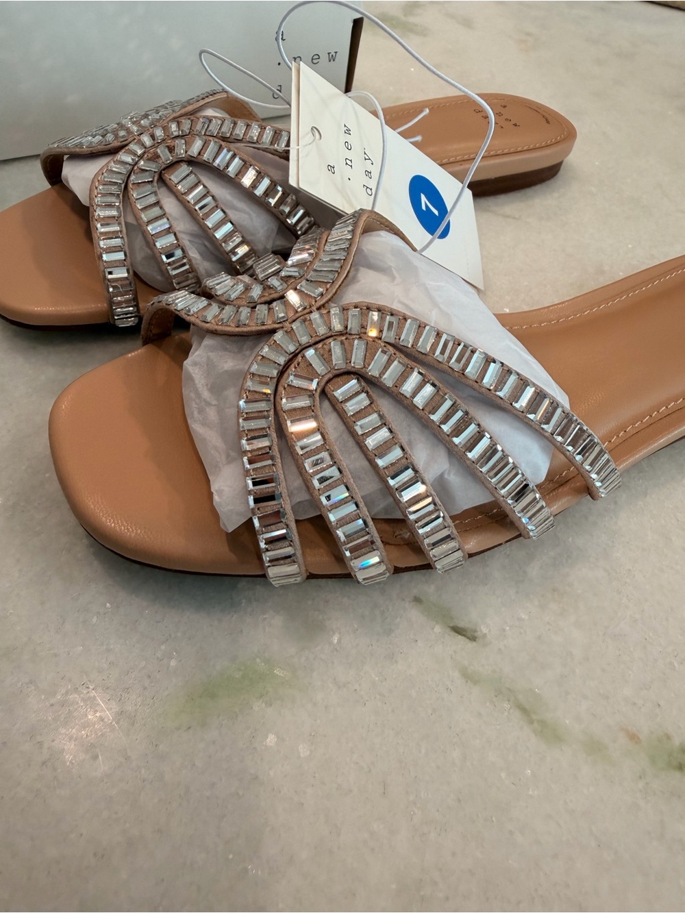 Embellished Tan Slide Sandals with Silver Crystal Accents